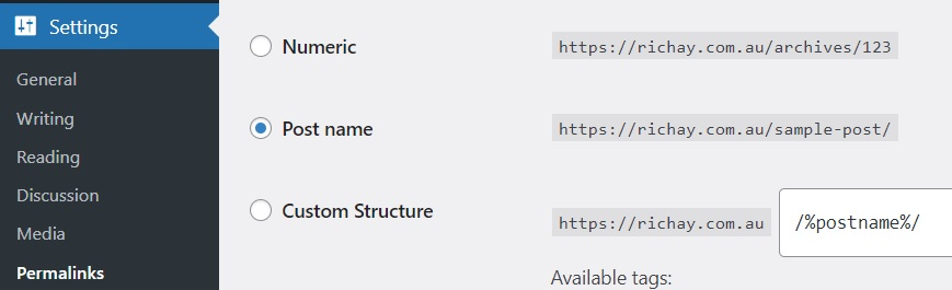 WordPress Permalink Settings with Post name selected