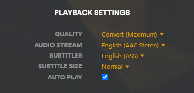 Plex Web App playback settings showing audio and subtitle options